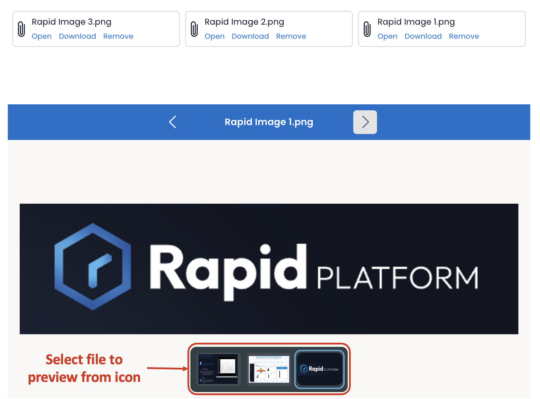 Image showing selection of file to preview from icon at the bottom of the component